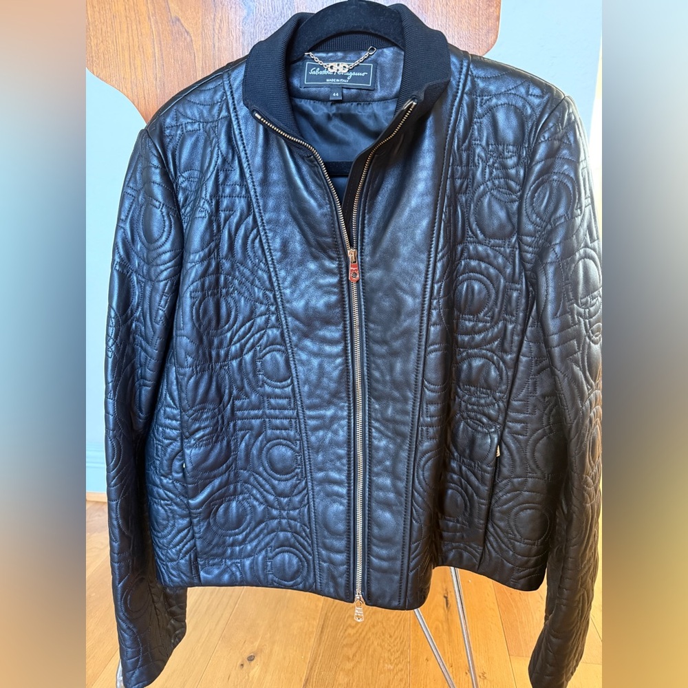 Salvatore Ferragamo Black Embossed Leather Jacket
